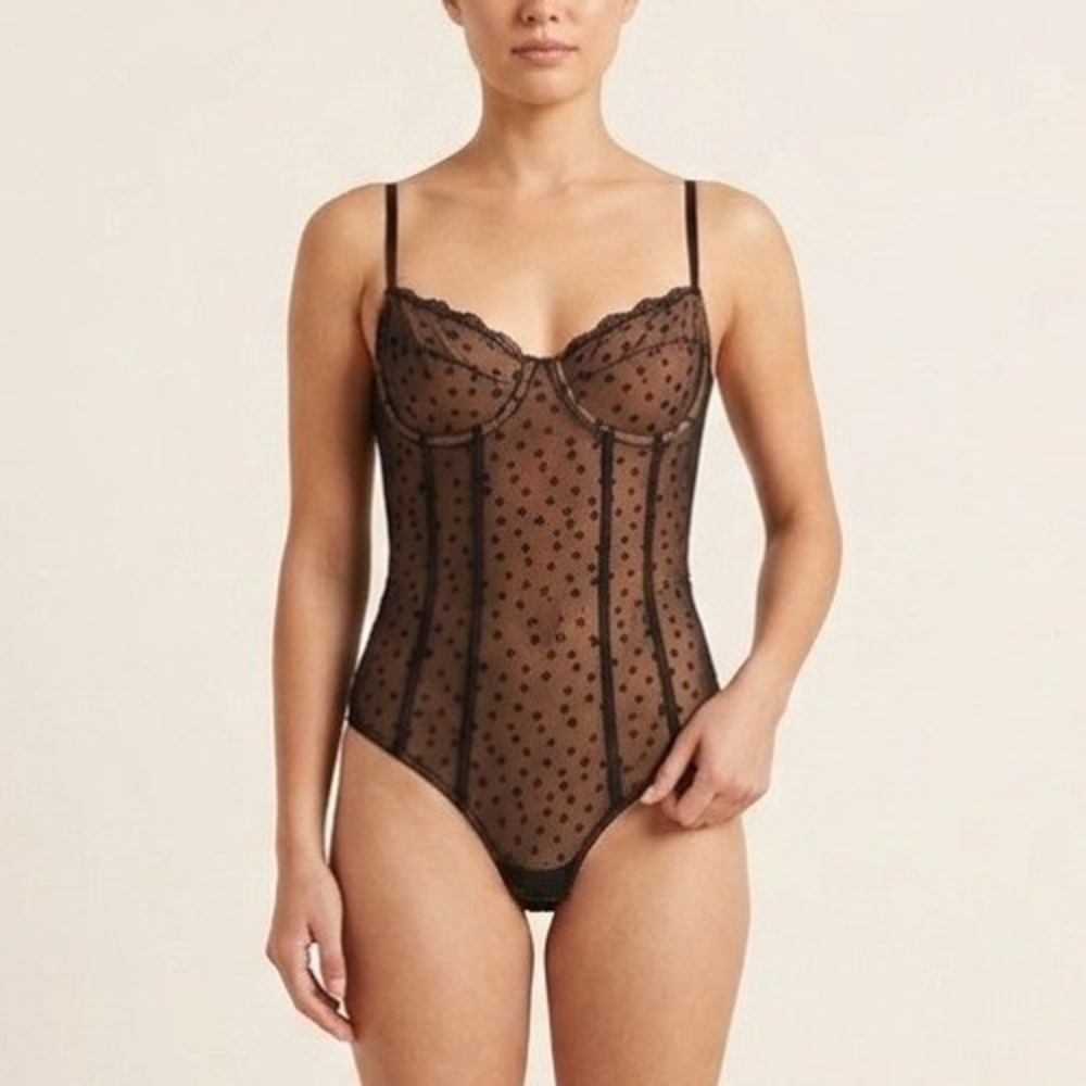 MAJORELLE Florence Star Mesh Corset Bodysuit Black Sheer Underwire Small Revolve